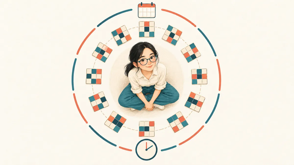 Illustration: a person sitting at the center of a circle of Rubik-like tiles, a calendar and a clock