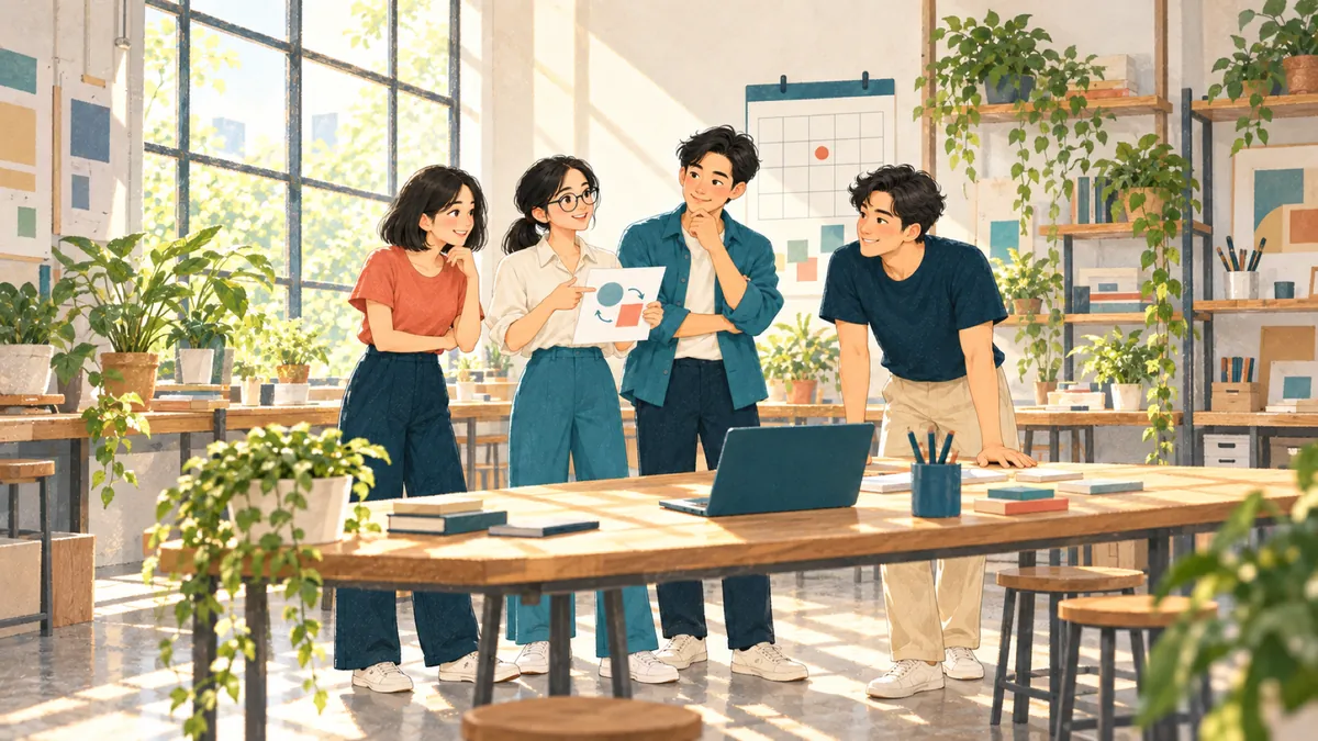 Illustration: four people around a long table discussing a sketch, a large calendar behind them
