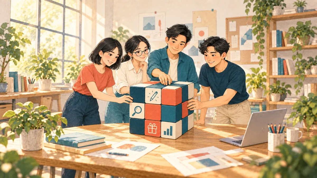 Illustration: four teammates turning a giant Rubik’s cube together
