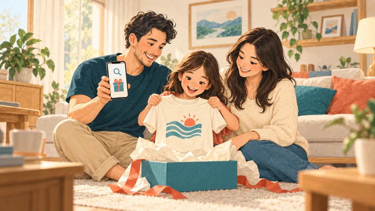 Illustration: an American family opening a gift, the girl holding up a shirt printed with a sun over waves