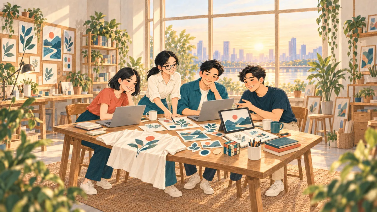 Illustration: four teammates working around a wooden table with sketches and printed shirts, the city outside the window